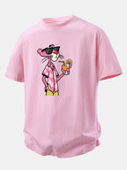 Relax Fit Vacation Pink Panther Print Crew Collar T-Shirt  & Drawstring Jersey 7" Shorts