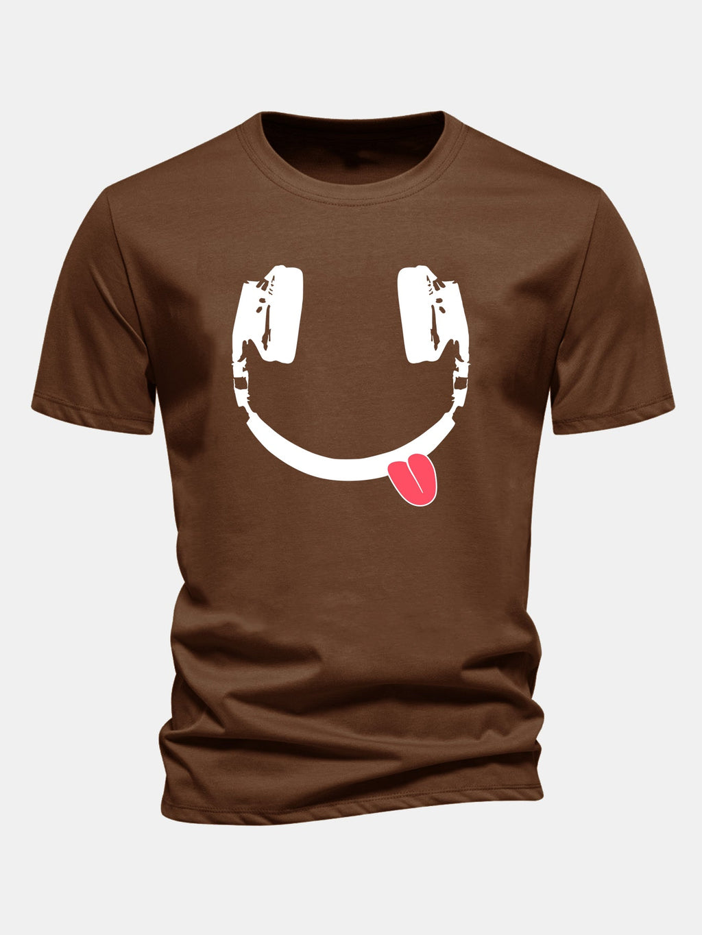 Regular Fit Headphone Smiley Face Print Cotton T-Shirt