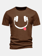 Regular Fit Headphone Smiley Face Print Cotton T-Shirt