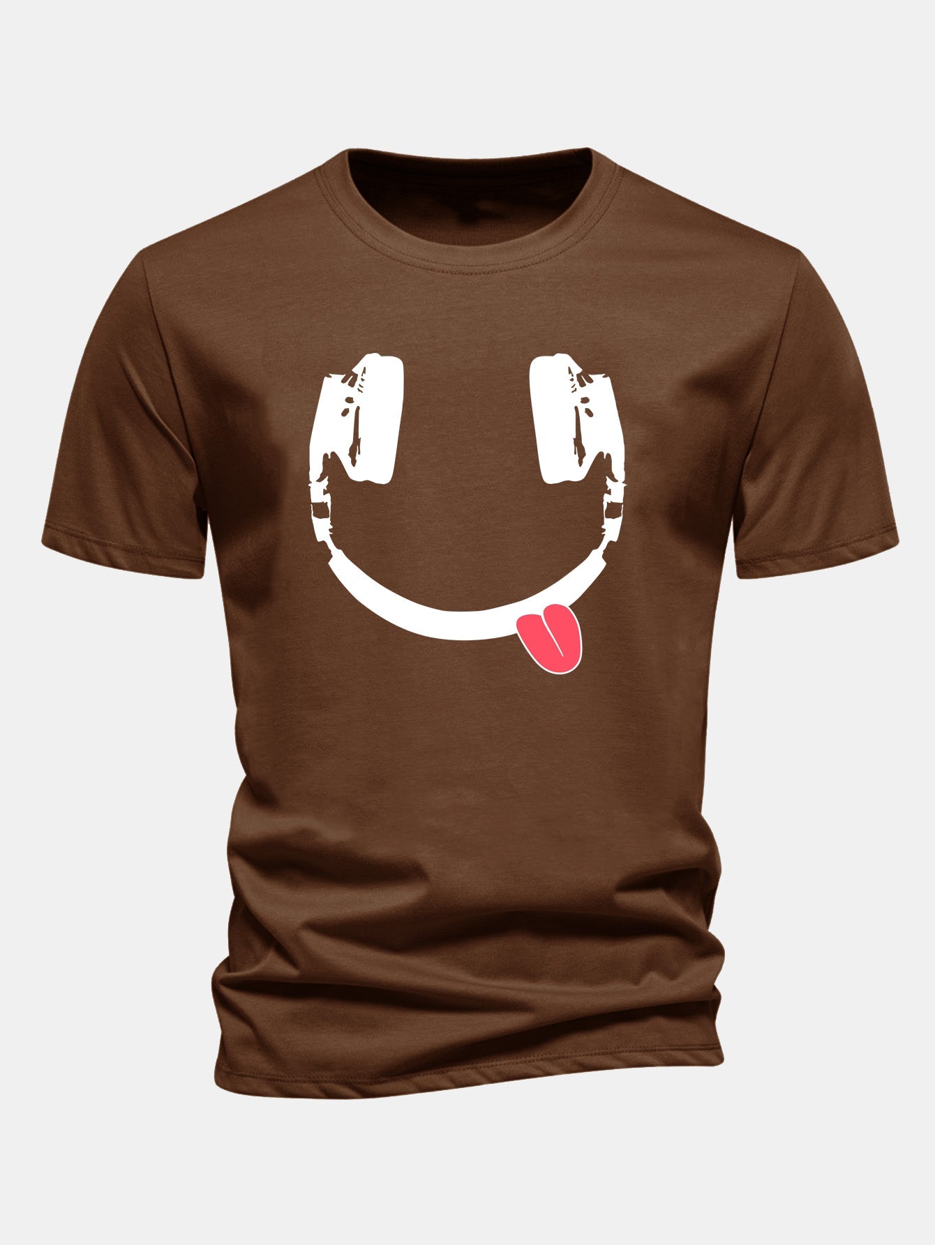 Regular Fit Headphone Smiley Face Print Cotton T-Shirt