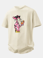Relax Fit Vacation Pink Panther Print Crew Collar T-Shirt  & Drawstring Jersey 7" Shorts