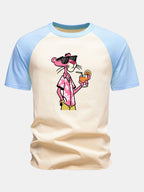 Vacation Pink Panther Print Cotton Raglan Sleeve T-Shirt