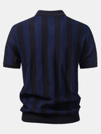 Striped V Neck Open Knit Polo