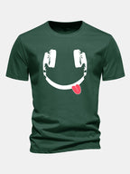 Regular Fit Headphone Smiley Face Print Cotton T-Shirt