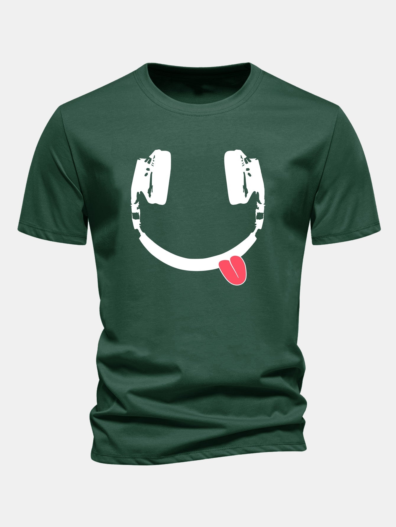 Regular Fit Headphone Smiley Face Print Cotton T-Shirt