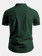 Linen Look V-Neck Stand Collar Shirt