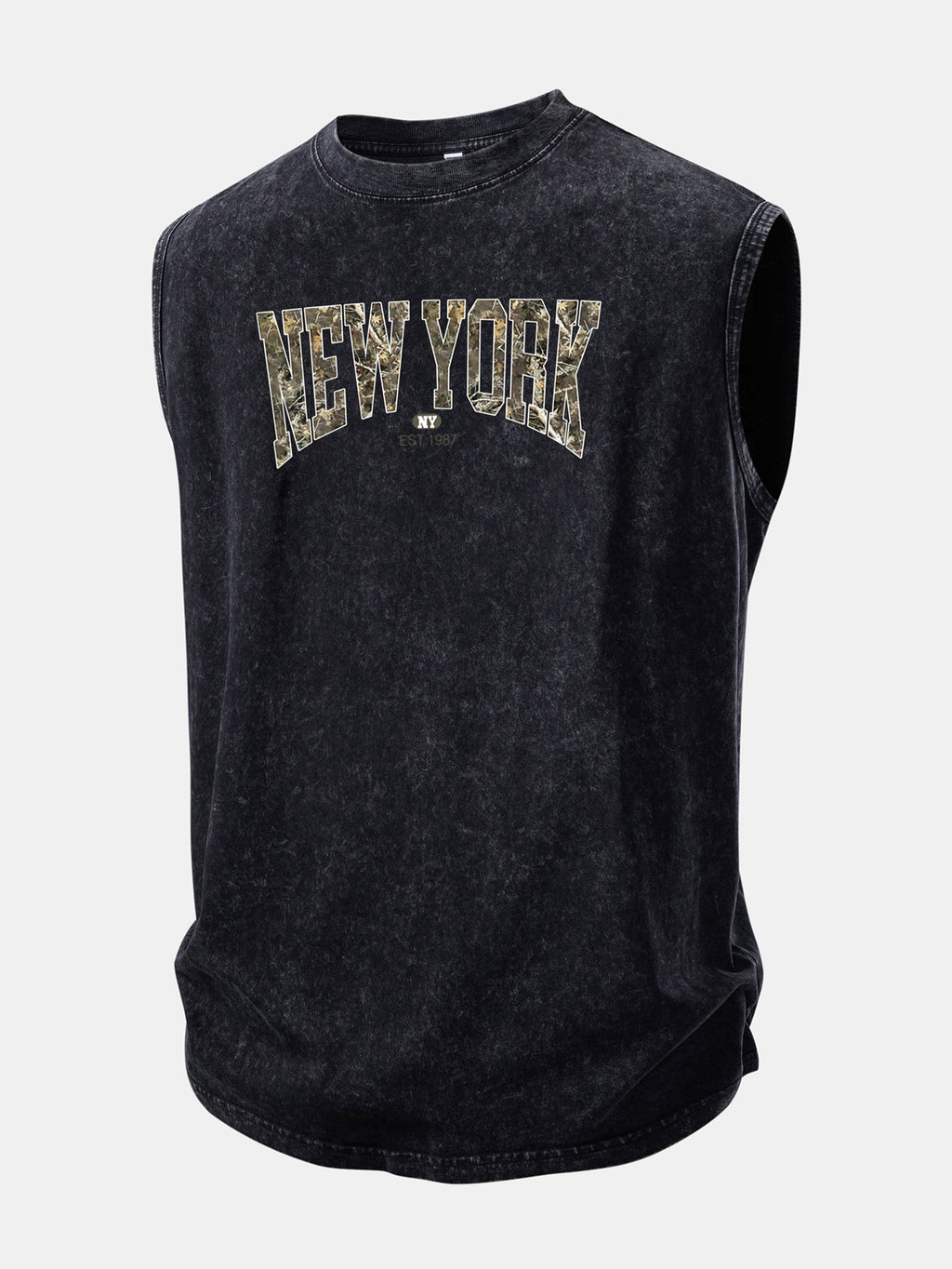 Camouflage New York Print Washed Distressed Tank Top