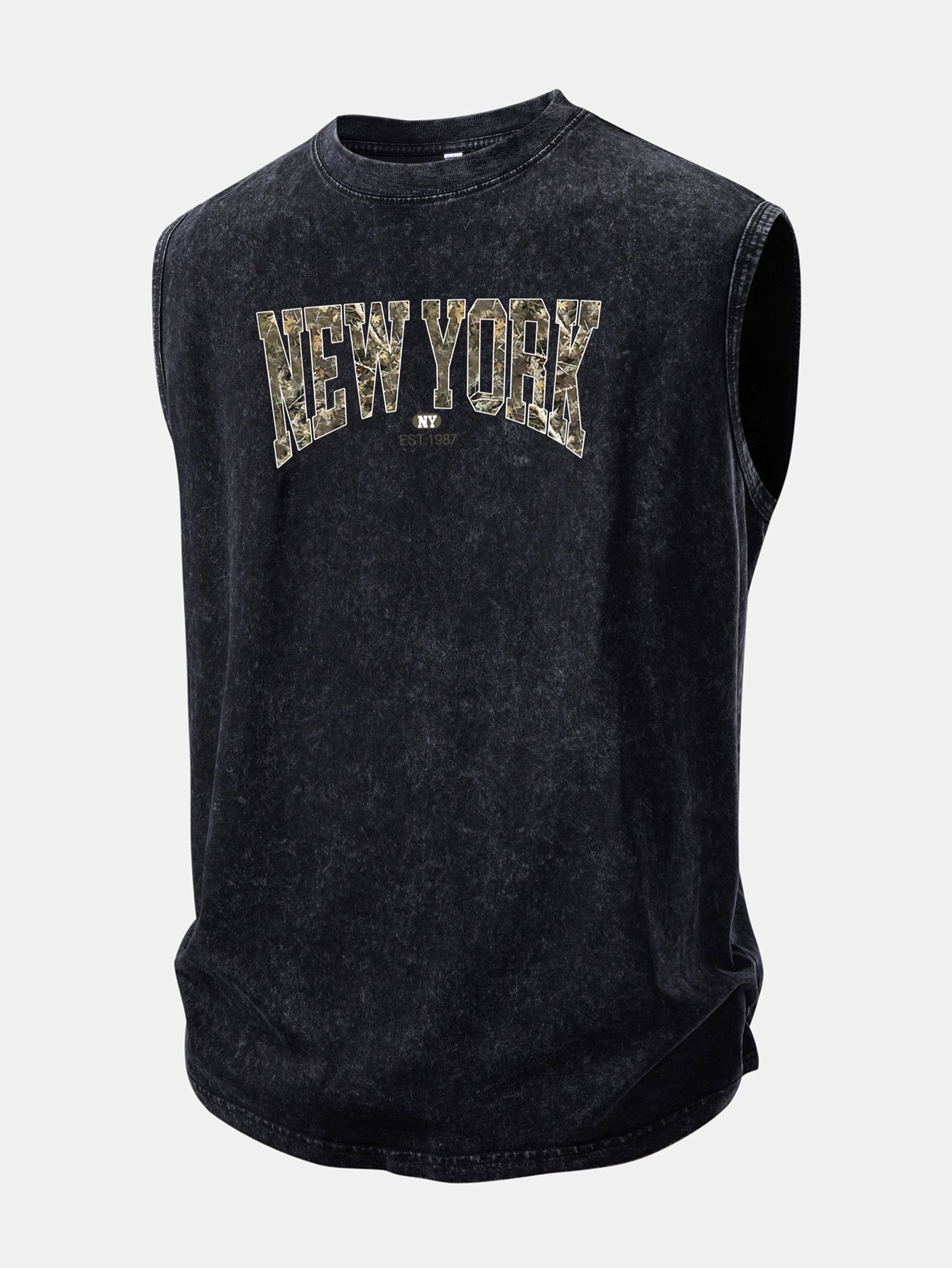 Camouflage New York Print Washed Distressed Tank Top