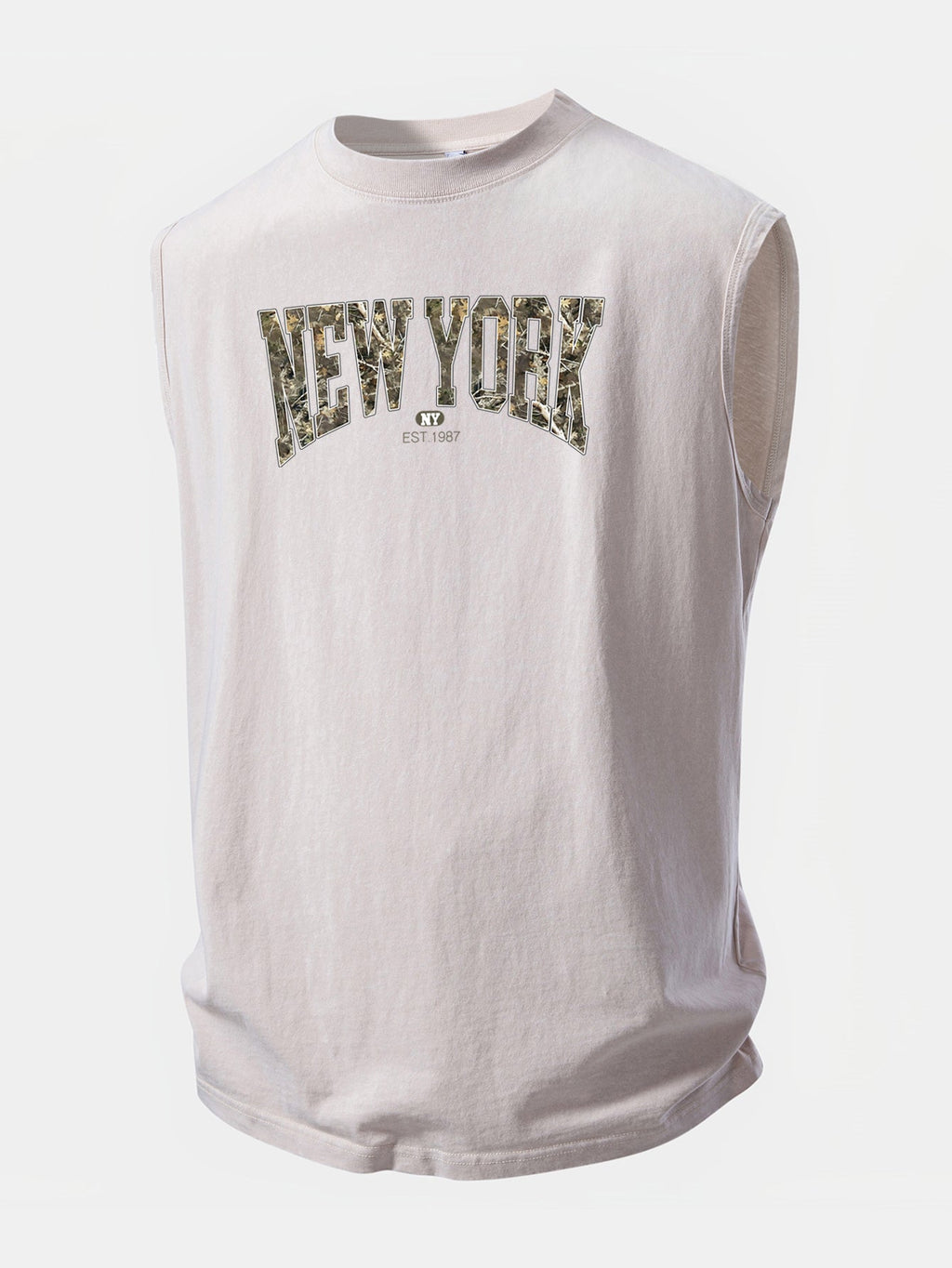 Camouflage New York Print Washed Distressed Tank Top