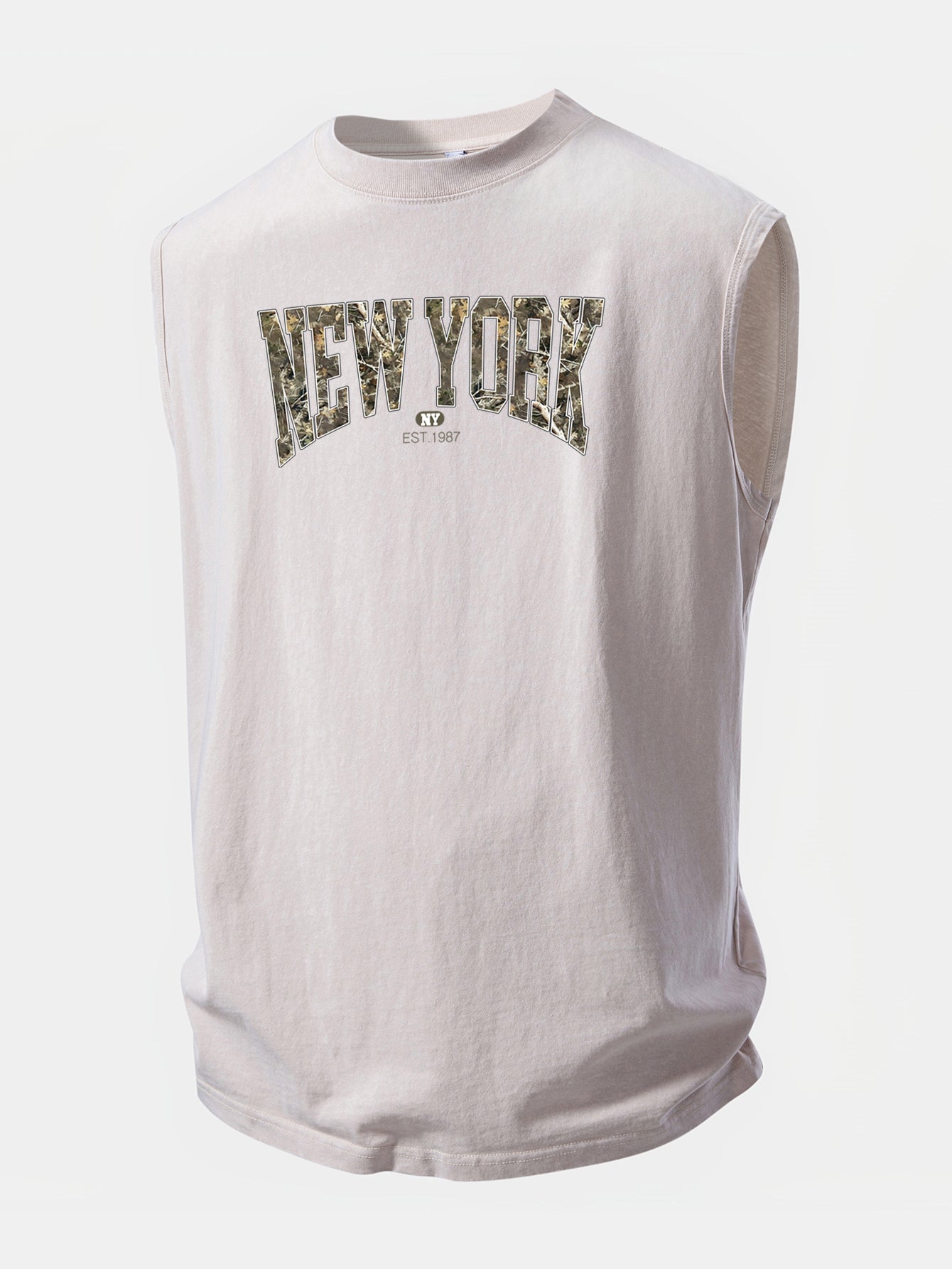 Camouflage New York Print Washed Distressed Tank Top