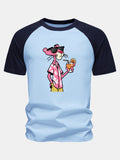 Vacation Pink Panther Print Cotton Raglan Sleeve T-Shirt