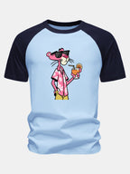 Vacation Pink Panther Print Cotton Raglan Sleeve T-Shirt