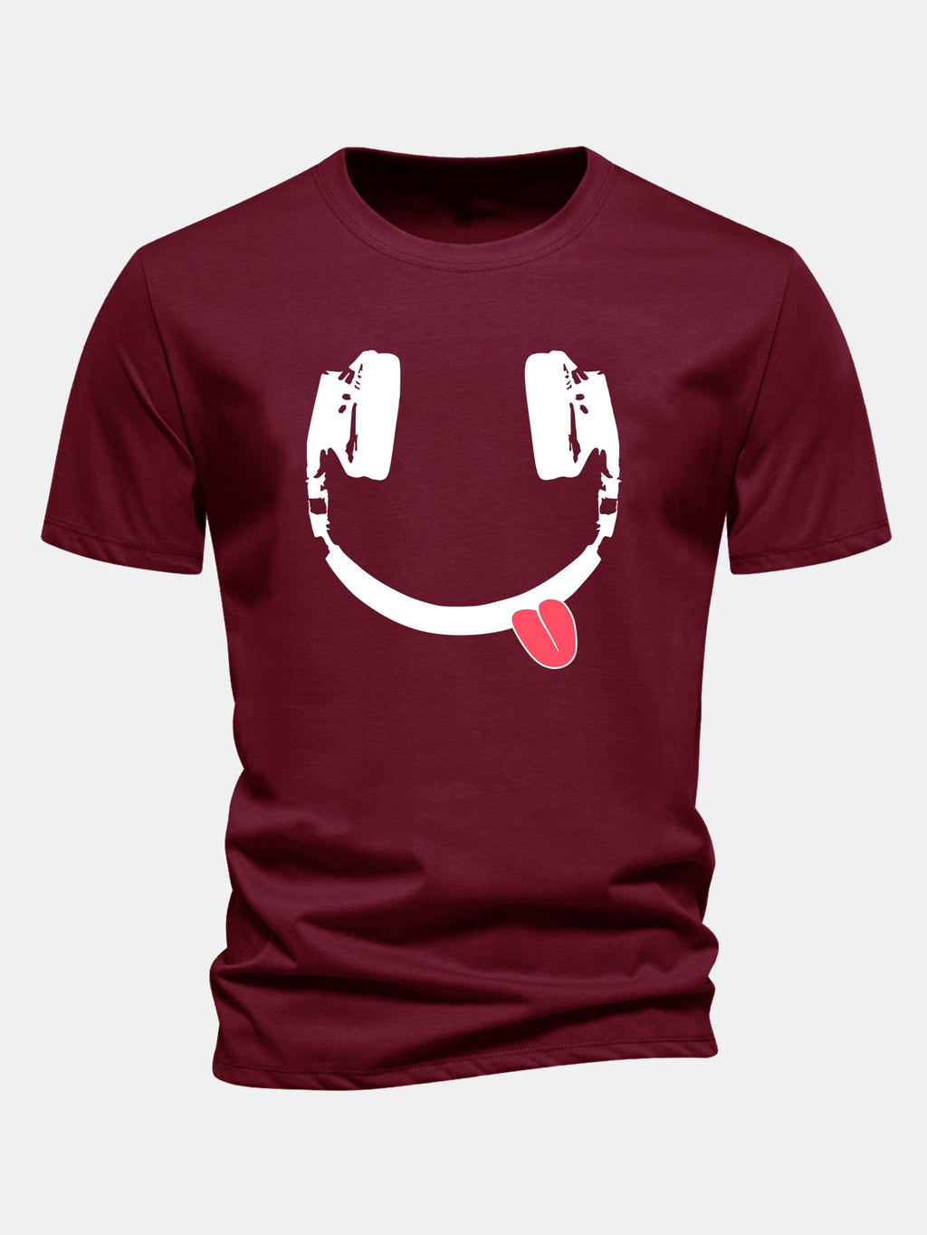 Regular Fit Headphone Smiley Face Print Cotton T-Shirt
