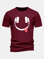 Regular Fit Headphone Smiley Face Print Cotton T-Shirt