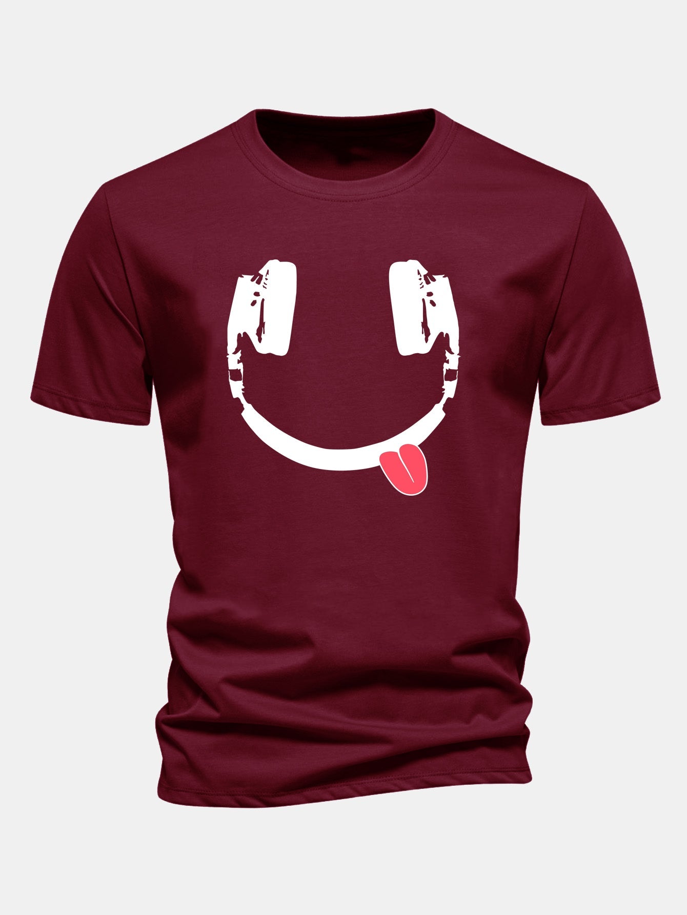Regular Fit Headphone Smiley Face Print Cotton T-Shirt