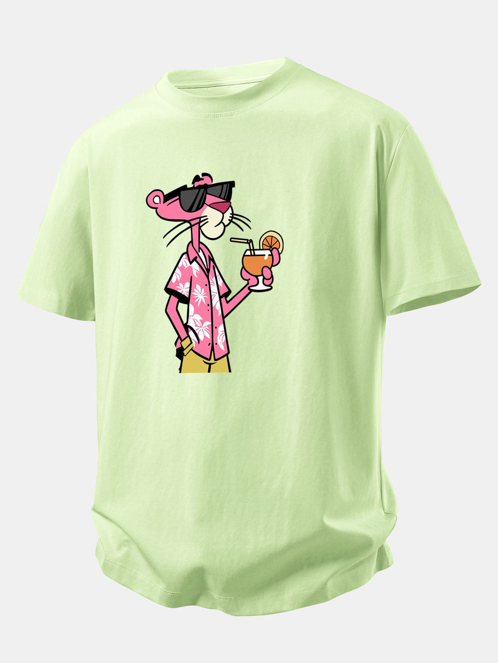 Relax Fit Vacation Pink Panther Print Crew Collar T-Shirt  & Drawstring Jersey 7" Shorts