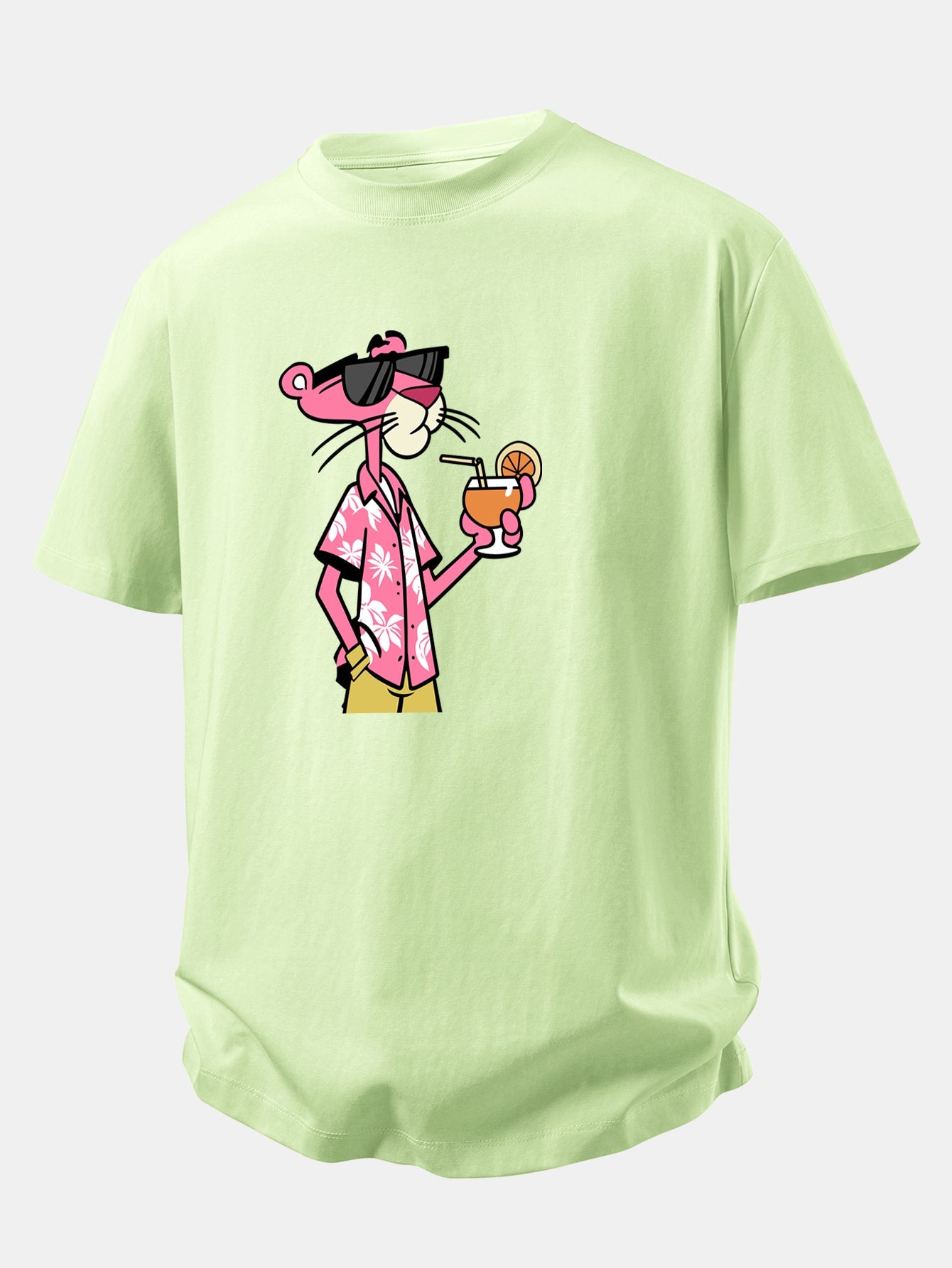 Relax Fit Vacation Pink Panther Print Crew Collar T-Shirt  & Drawstring Jersey 7" Shorts