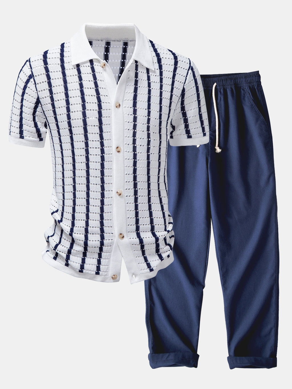 Stripe Open Knit Shirt & Straight Leg Linen Pants