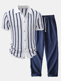 Stripe Open Knit Shirt & Straight Leg Linen Pants