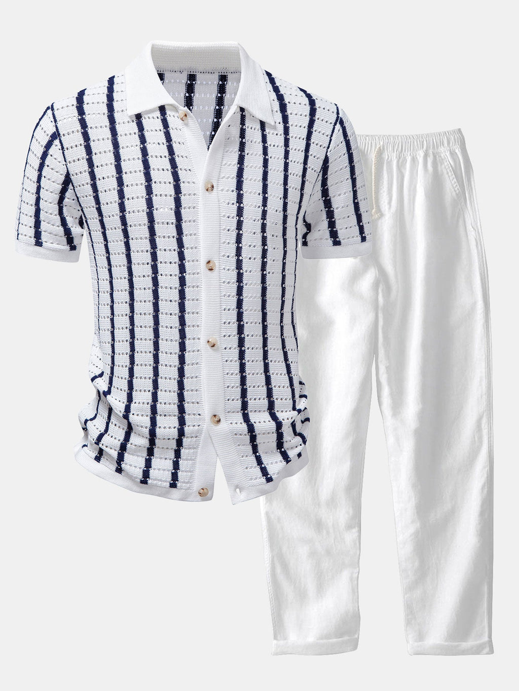 Stripe Open Knit Shirt & Straight Leg Linen Pants
