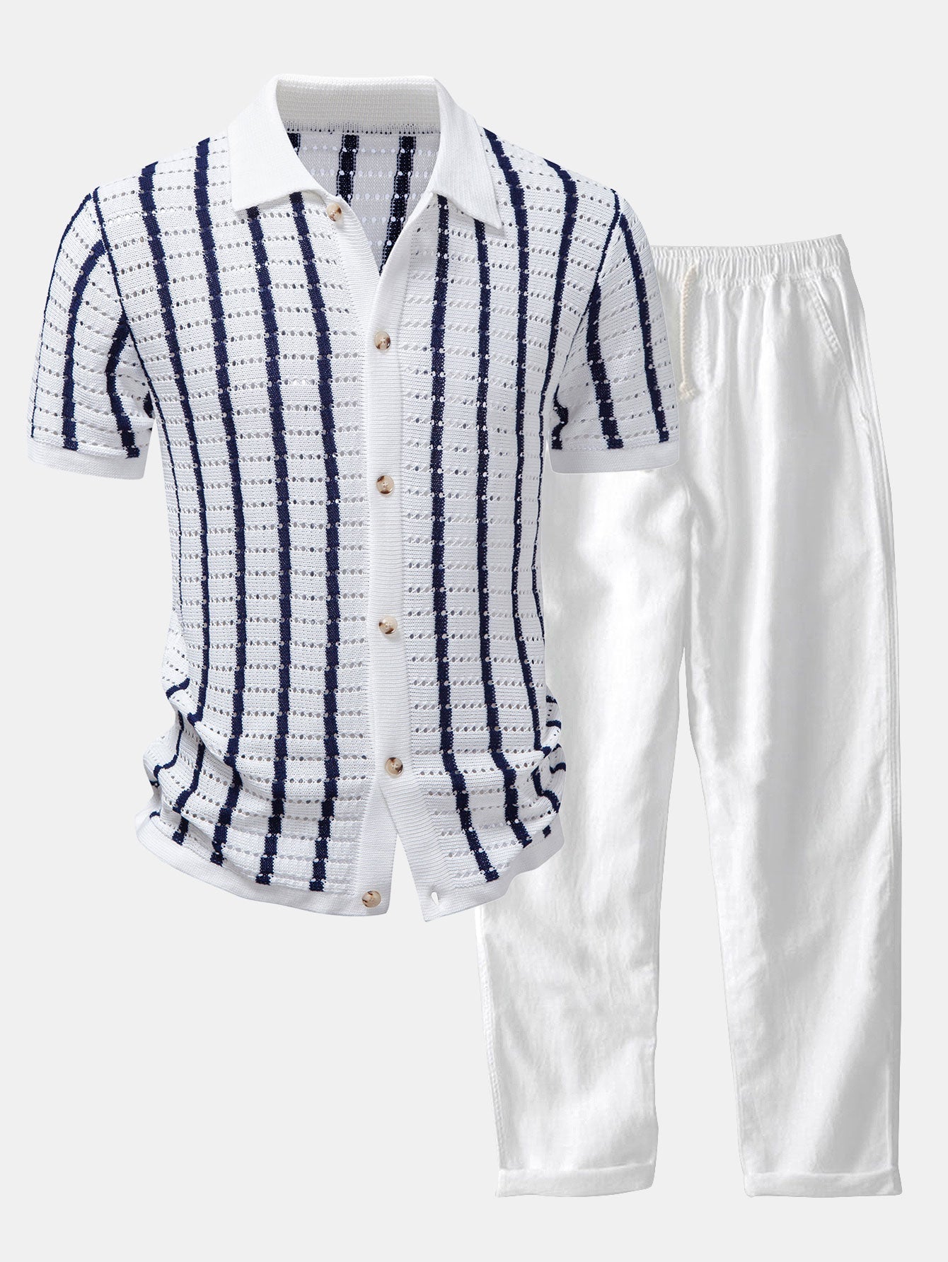 Stripe Open Knit Shirt & Straight Leg Linen Pants