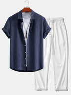 Linen Look Button Up Shirt & Crinkle Textured Straight Leg Pants