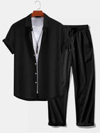 Linen Look Button Up Shirt & Crinkle Textured Straight Leg Pants