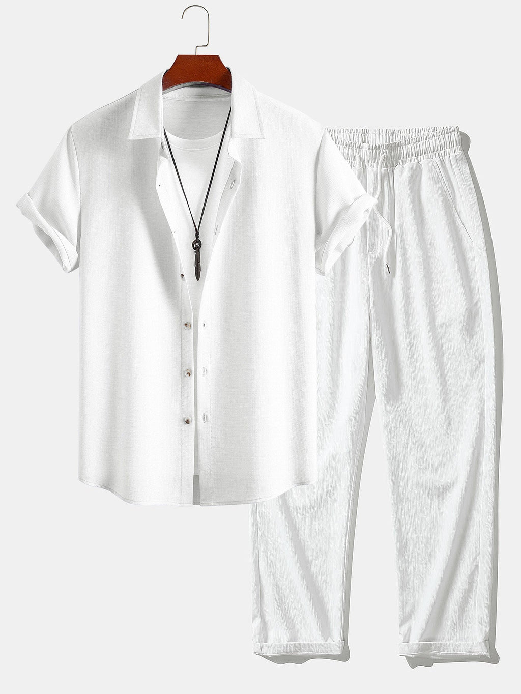 Linen Look Button Up Shirt & Crinkle Textured Straight Leg Pants