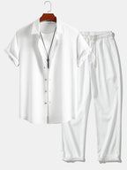 Linen Look Button Up Shirt & Crinkle Textured Straight Leg Pants