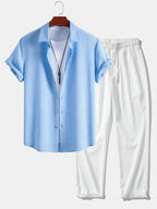 Linen Look Button Up Shirt & Crinkle Textured Straight Leg Pants