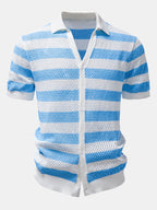 Stripe V Neck Open Knit Shirt & Crinkle Textured Drawstring 5" Shorts