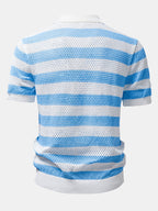 Stripe V Neck Open Knit Shirt & Crinkle Textured Drawstring 5" Shorts