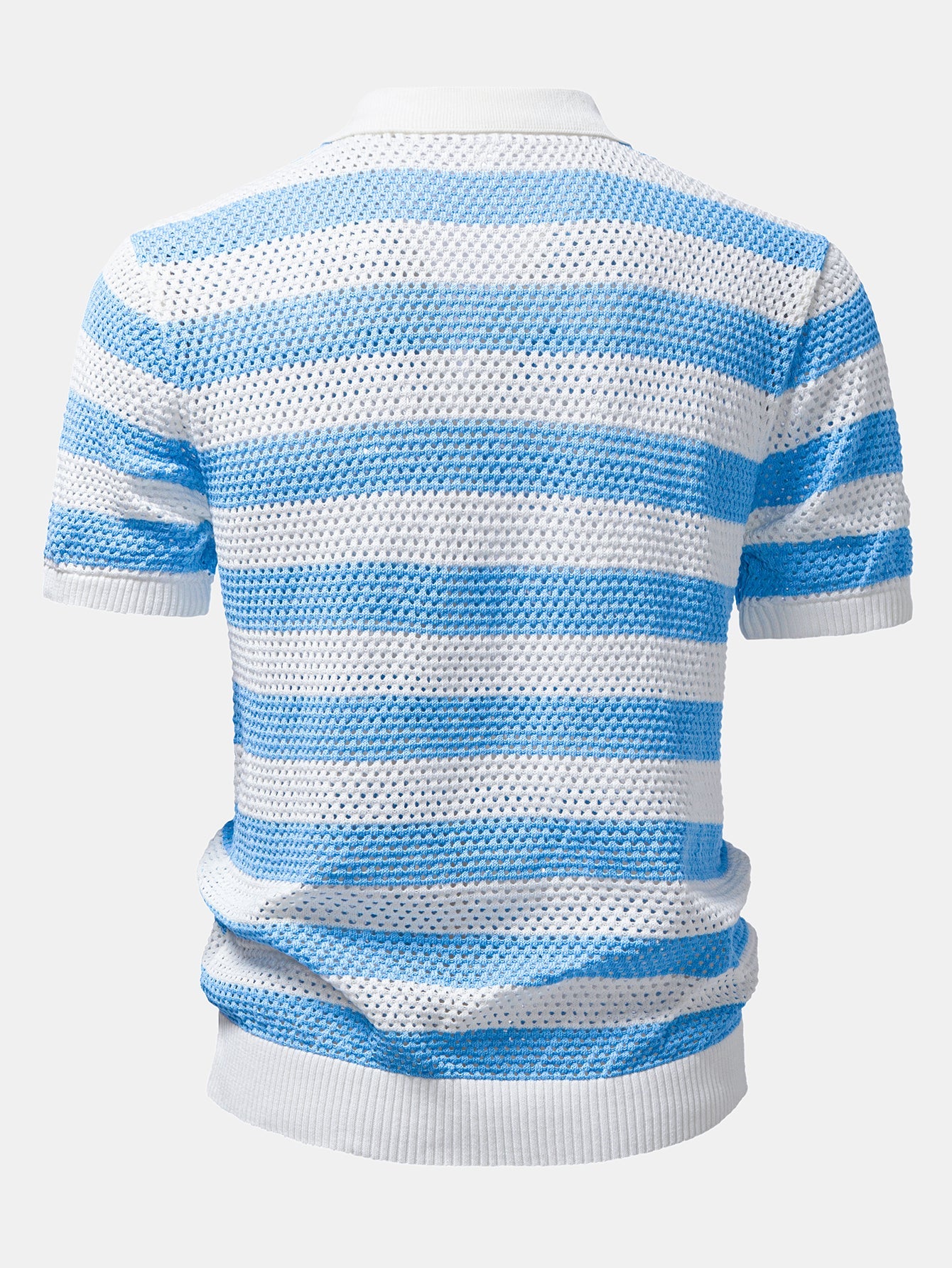 Stripe V Neck Open Knit Shirt & Crinkle Textured Drawstring 5" Shorts