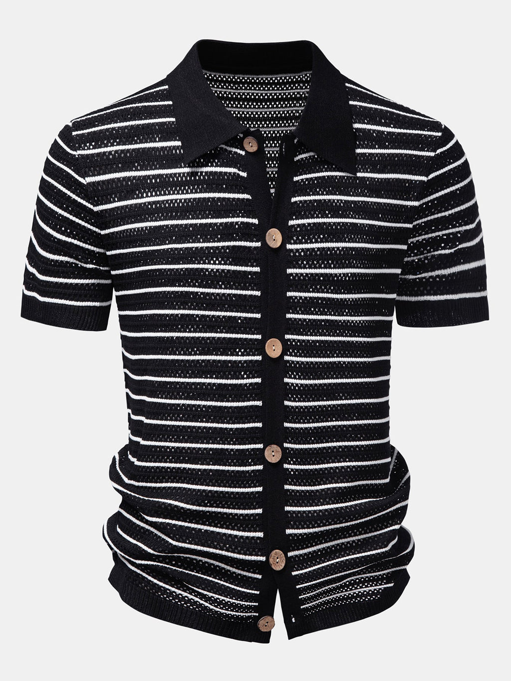 Stripe Open Knit Shirt & Crinkle Textured Drawstring 5" Shorts