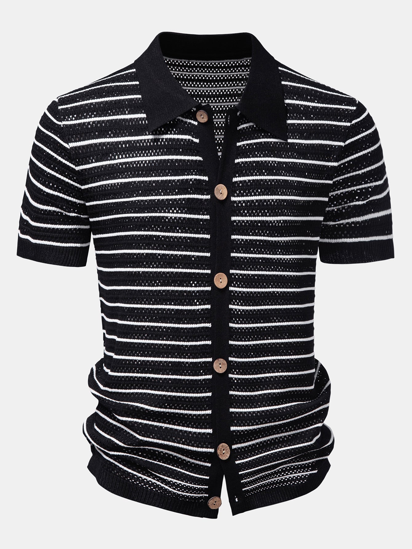 Stripe Open Knit Shirt & Crinkle Textured Drawstring 5" Shorts