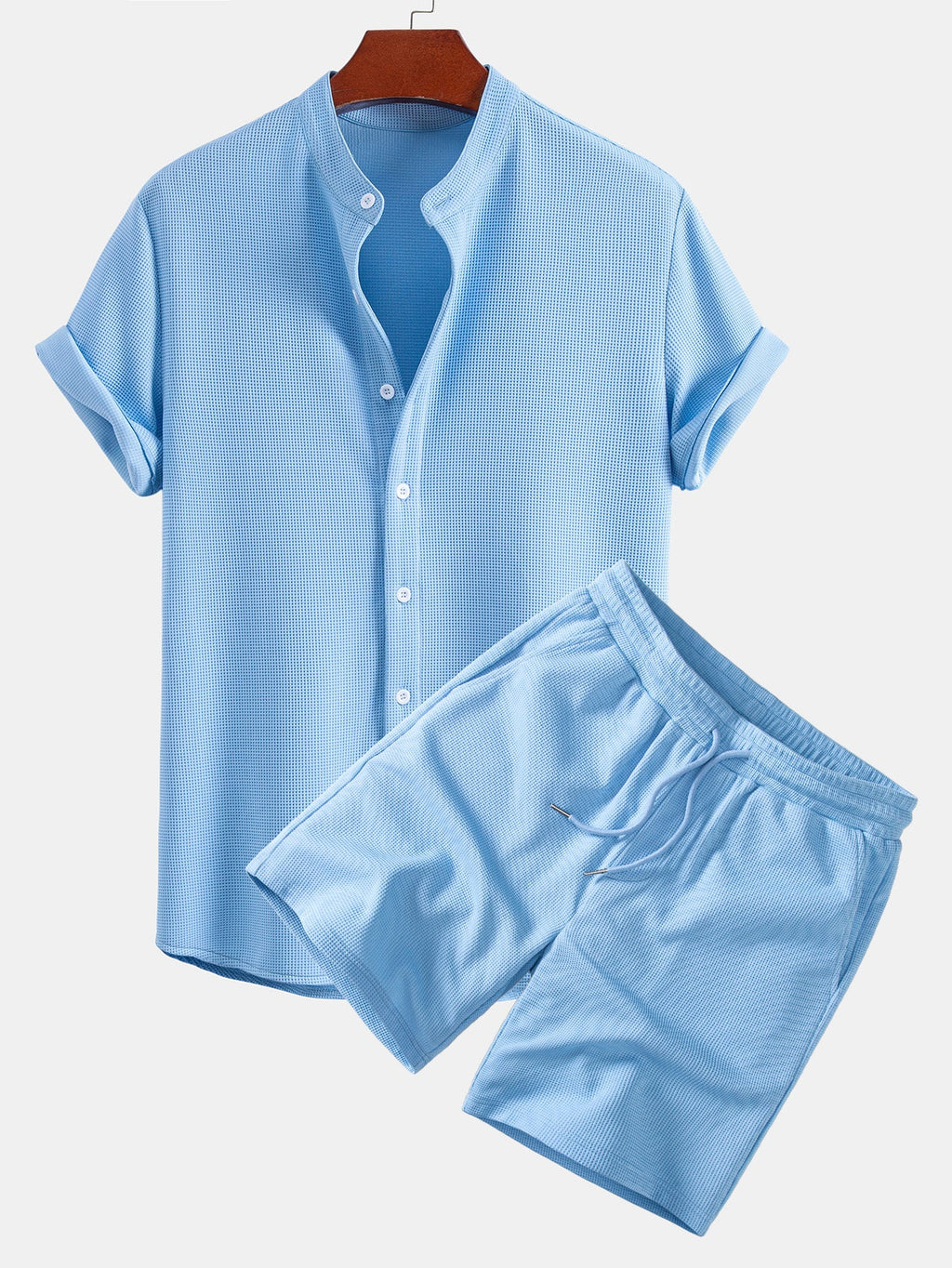 Muscle Fit Waffle Stand Collar Shirt & Drawstring 7" Shorts Set