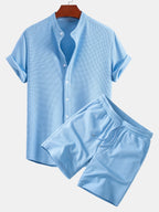 Muscle Fit Waffle Stand Collar Shirt & Drawstring 7" Shorts Set