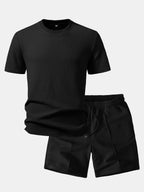 Ribbed Crew Collar T-Shirt & Drawstring Shorts Set