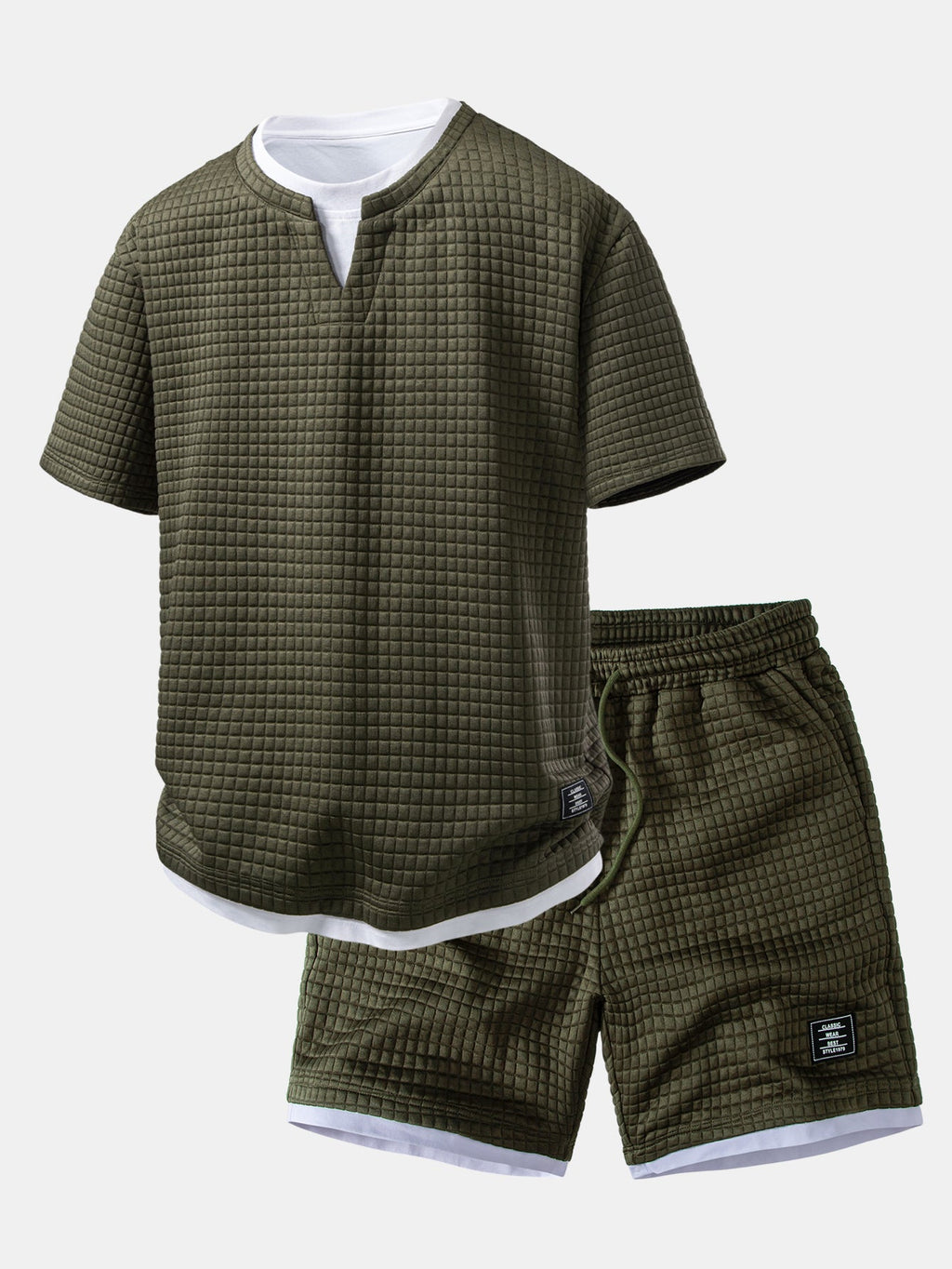 2 In 1 Waffle Notched Collar T-Shirt & Drawstring 7" Shorts Set
