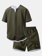 2 In 1 Waffle Notched Collar T-Shirt & Drawstring 7" Shorts Set