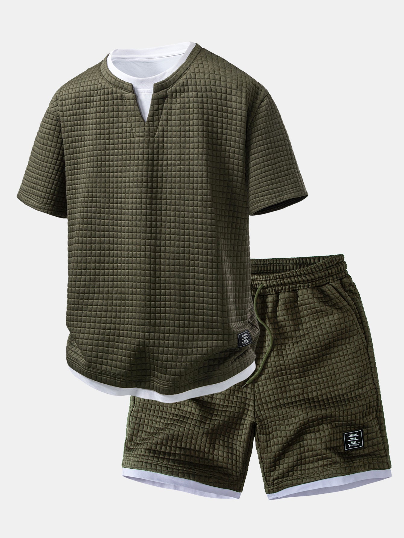 2 In 1 Waffle Notched Collar T-Shirt & Drawstring 7" Shorts Set