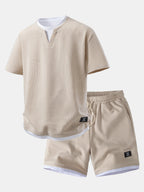 2 In 1 Waffle Notched Collar T-Shirt & 7" Shorts Set