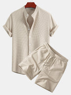 Muscle Fit Waffle Stand Collar Shirt & Drawstring 7" Shorts Set