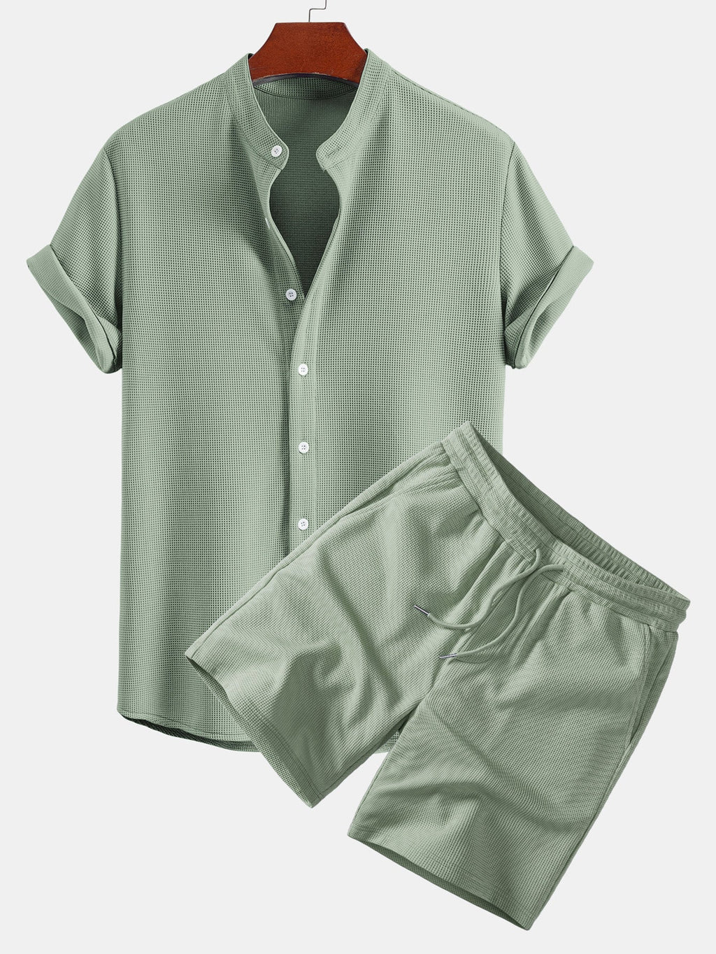 Muscle Fit Waffle Stand Collar Shirt & Drawstring 7" Shorts Set