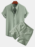 Muscle Fit Waffle Stand Collar Shirt & Drawstring 7" Shorts Set