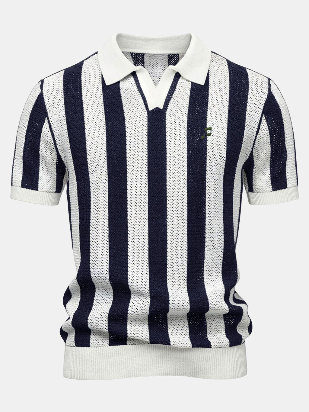 Striped V Neck Open Knit Polo & Crinkle Textured Drawstring 5" Shorts