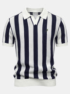 Striped V Neck Open Knit Polo & Crinkle Textured Drawstring 5" Shorts