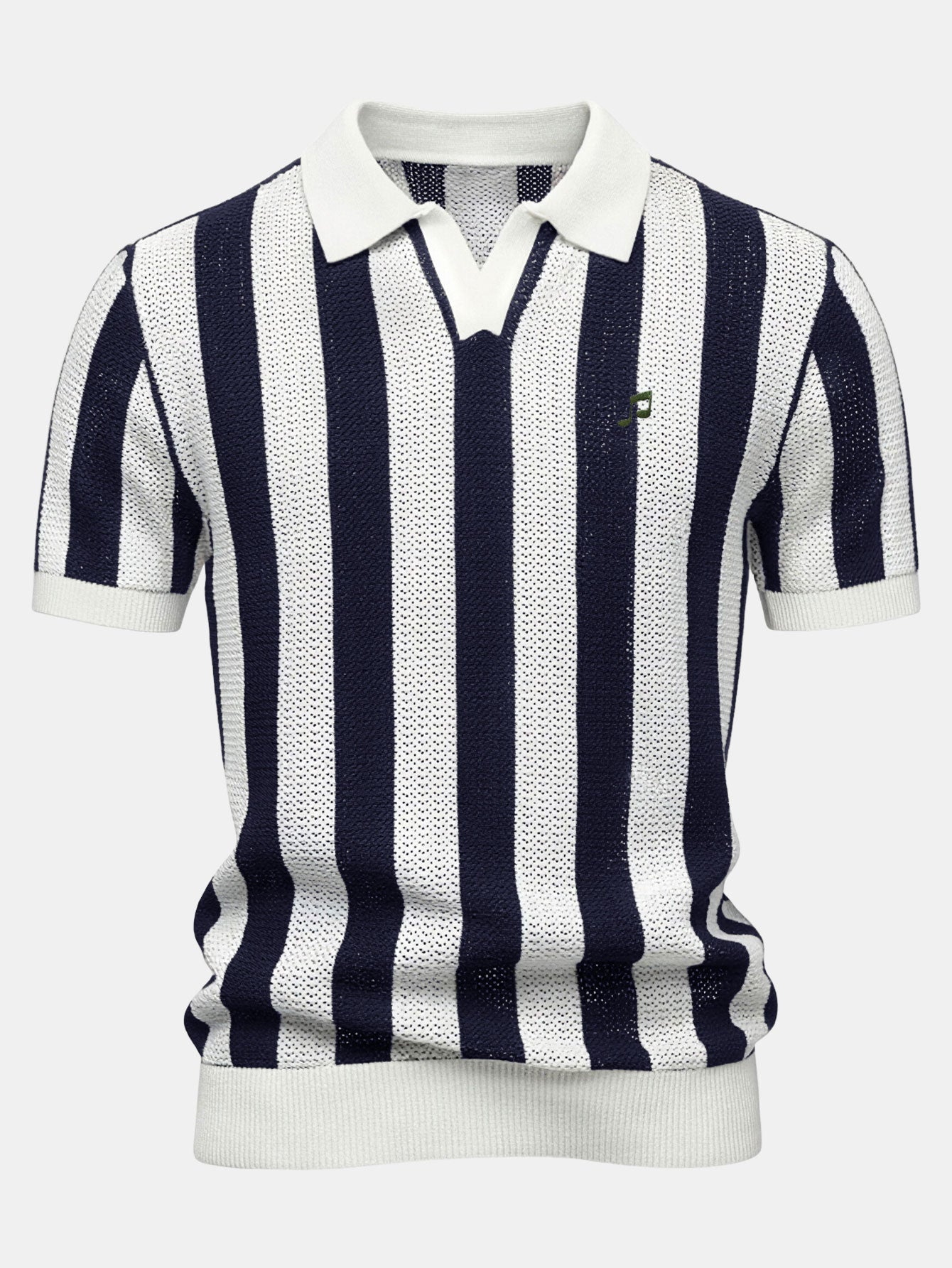Striped V Neck Open Knit Polo