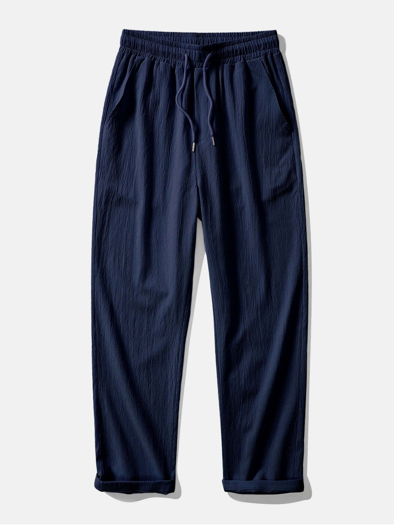 Linen Look Stripe Cuban Collar Shirt & Crinkle Textured Straight Leg Pants