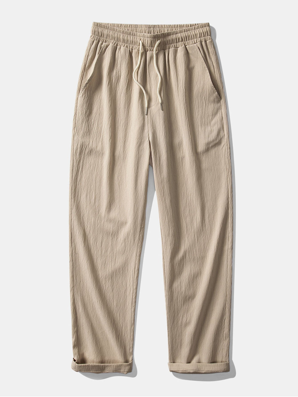 Linen Look V-Neck Stand Collar Shirt & Crinkle Textured Straight Leg Pants